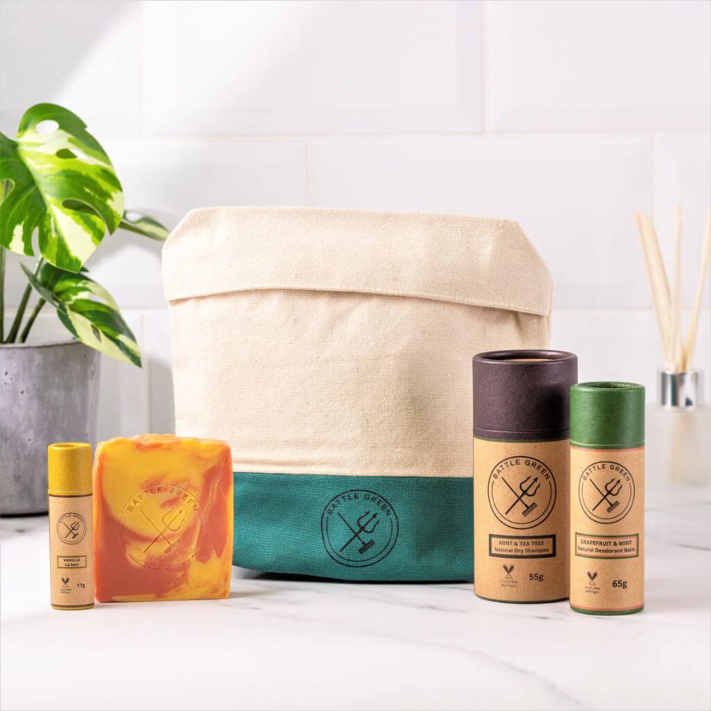 Battle Green Organic Cotton Wash Bag. GOTS certified Cotton. with battle green products. Perfect for keeping cosmetics organised.