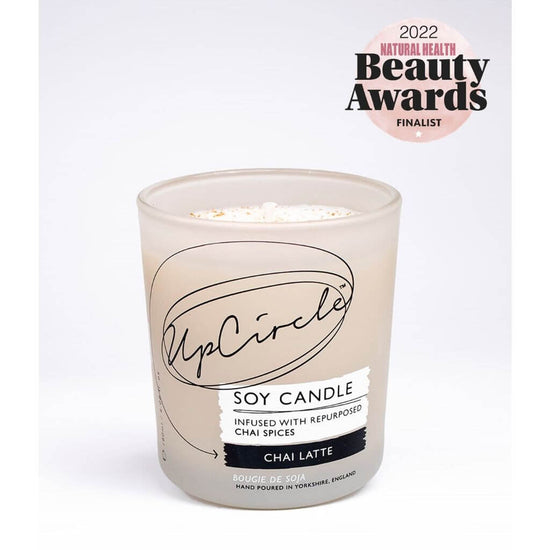 Upcircle Chai Latte Natural Soy Candle with Award. Natural Soy Candle. White Background. Vegan with warming chai spices.