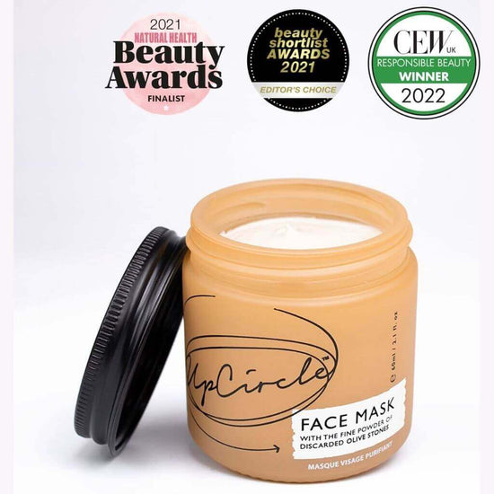 UpCircle - Kaolin Face Mask with the Fine Powder of Discarded Olive Stones. Glass Jar with Aluminium Lid off, and white product visible. Beauty Awards from: 2021 Natural Health Beauty Awards Finalist, Beauty Shortlist Awards 2021 Editors Choice.