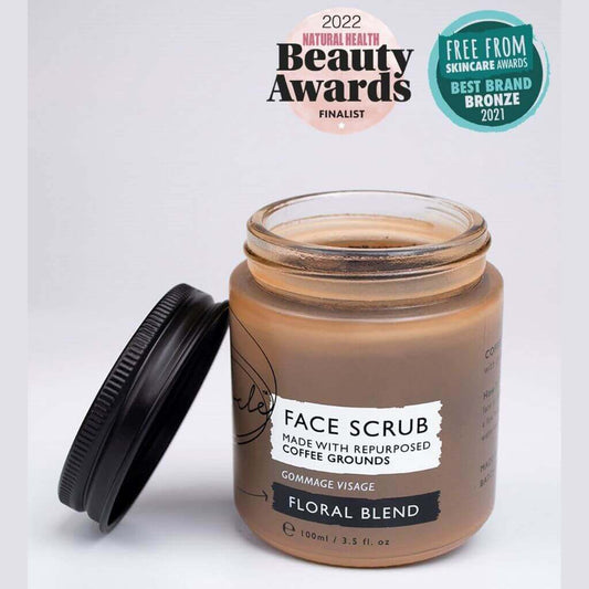 Upcircle Face Scrub Floral Blend with lid off jar. Awards: Free From Skincare Awards Best Brand Bronze 2021.