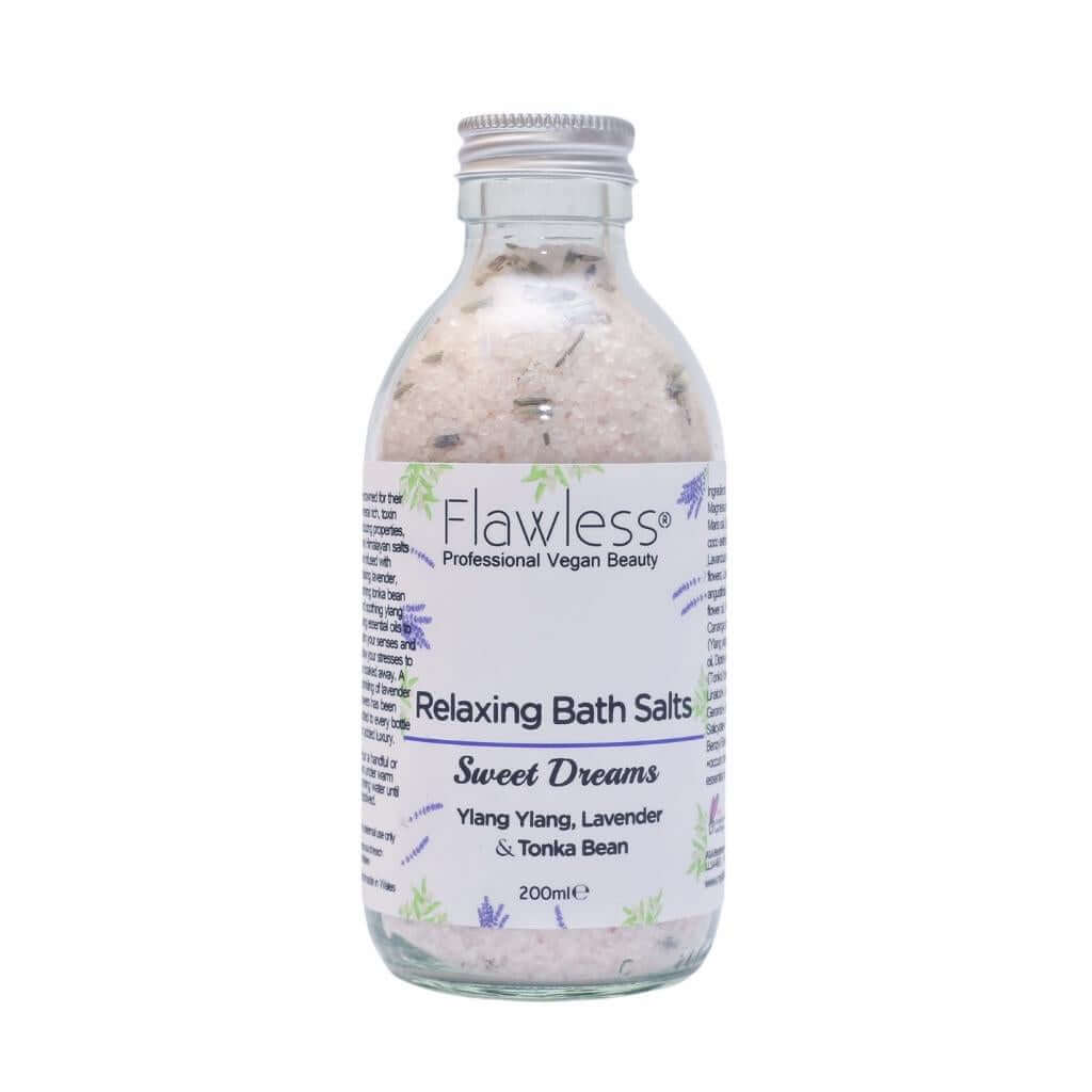 Flawless Professional Vegan Beauty Relaxing Bath Salts - Sweet Dreams. Ylang Ylang, Lavender & Tonka Bean. On White Background.