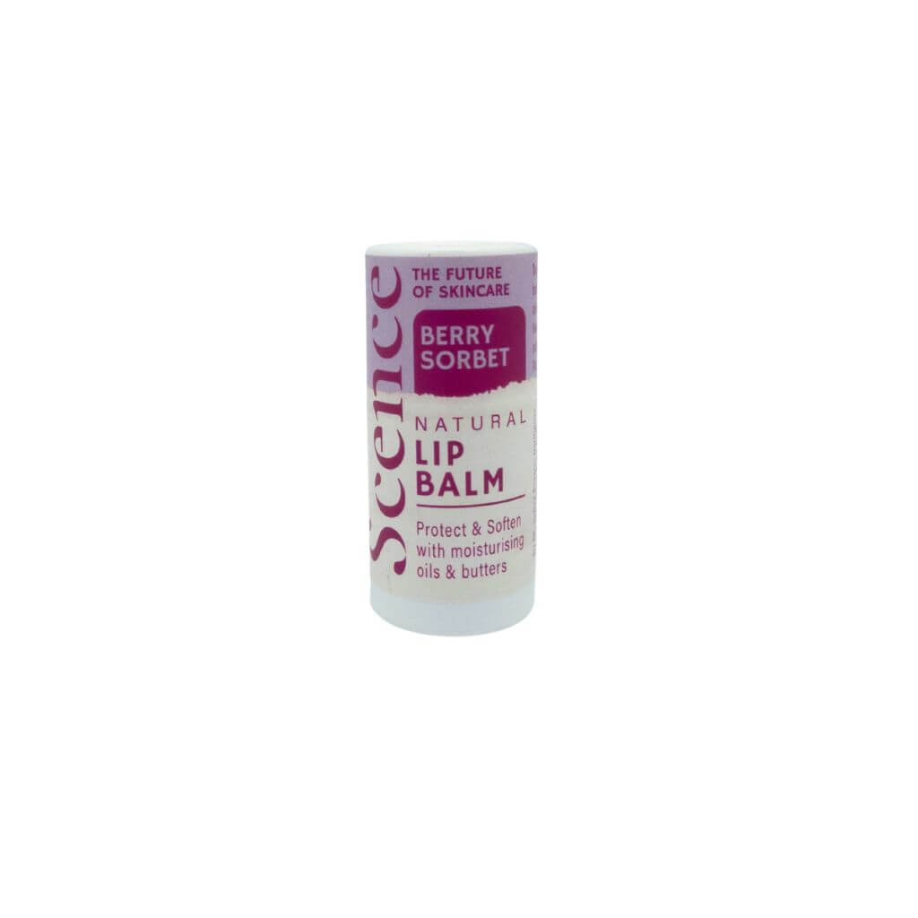 Scence Natural Berry Sorbet Lip Balm. White Background. 8.5 grams. Cardboard tube. perfect for the handband. Natural flavours.