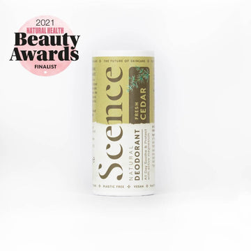 Scence Fresh Cedar Natural Solid Deodorant. 2021 Award Finalist Natural Health Beauty Awards. White Background. Plastic Free. Compostible Cardboard Packaging