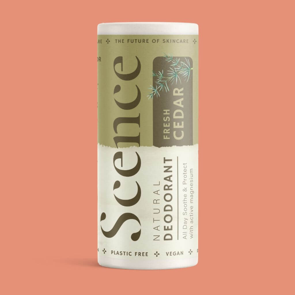 Scence Fresh Cedar Natural Solid Deodorant. Orange Background. Woody Scented with Cedarwood and Frankincense essential oils.