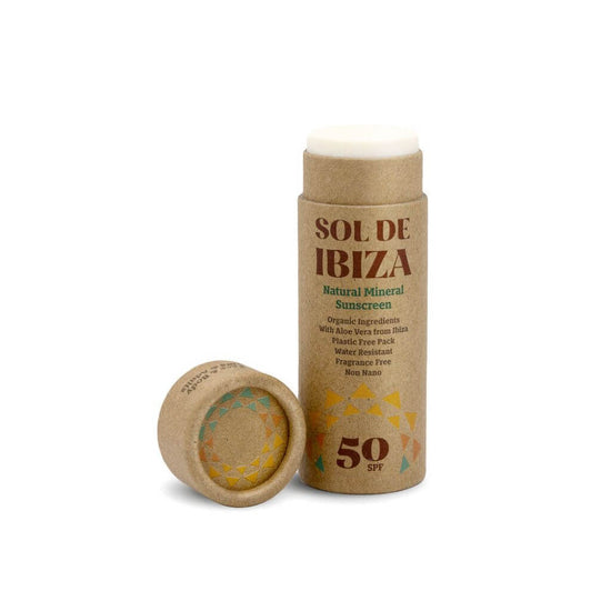 Sol de Ibiza Face & Body Plastic Free Stick SPF50 Sun screen. Cardboard tube. Natural, recyclable, vegan, cruelty free sun protection for all skin types, and adults and children. on white background with lid off.