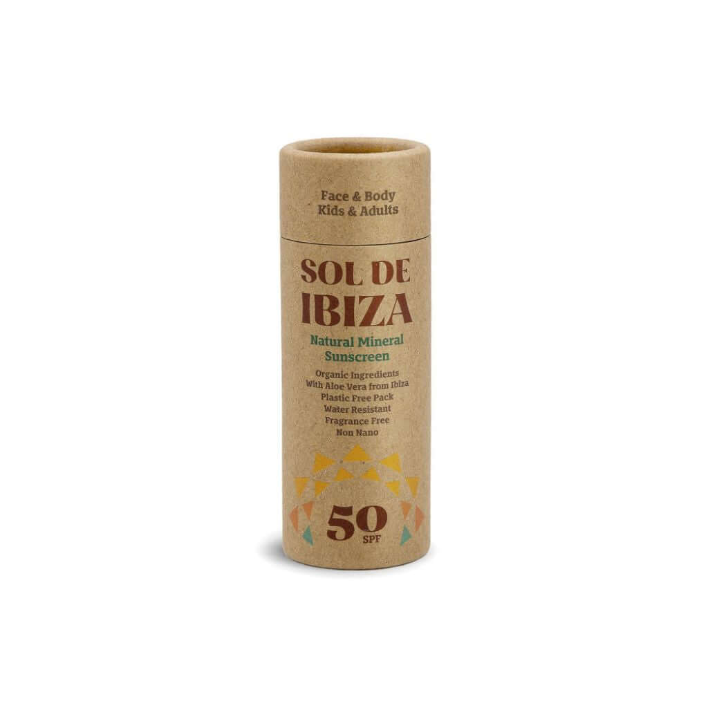 Sol de Ibiza Face & Body Plastic Free Stick SPF50 Sun cream. Cardboard tube. Natural, recyclable, vegan, cruelty free sun protection for all skin types, and adults and children. on white background.